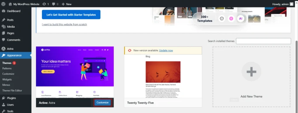 customize the theme settings under appearance