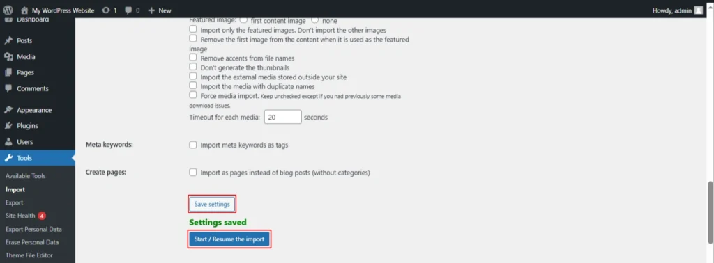 start resume the import