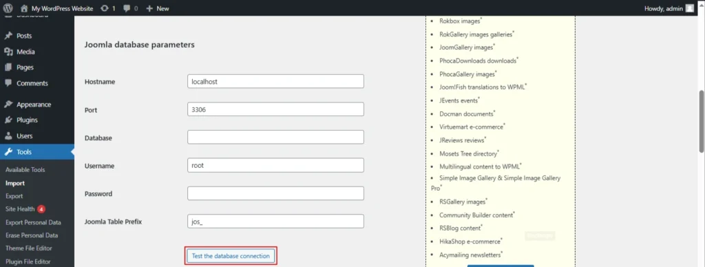 test the database connection